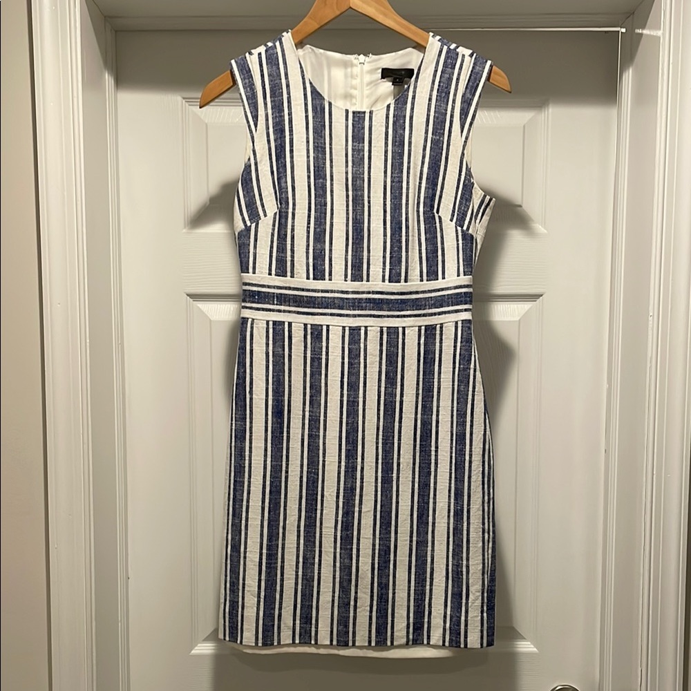 J. Crew White and Blue Sheath Mini Dress with Sleeveless Design and Crew Neck